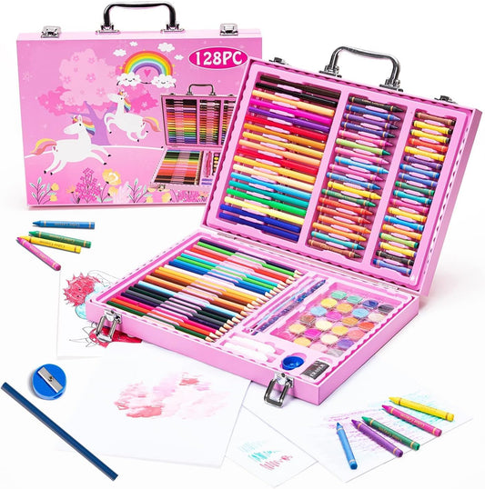 128 Pieces Color Kit Art Box, Portable Drawing Suitcase with Crayons, Oil Pastels, Colour Pencils, Set of Watercolours Case Combo, Birthday Gifts for Kids