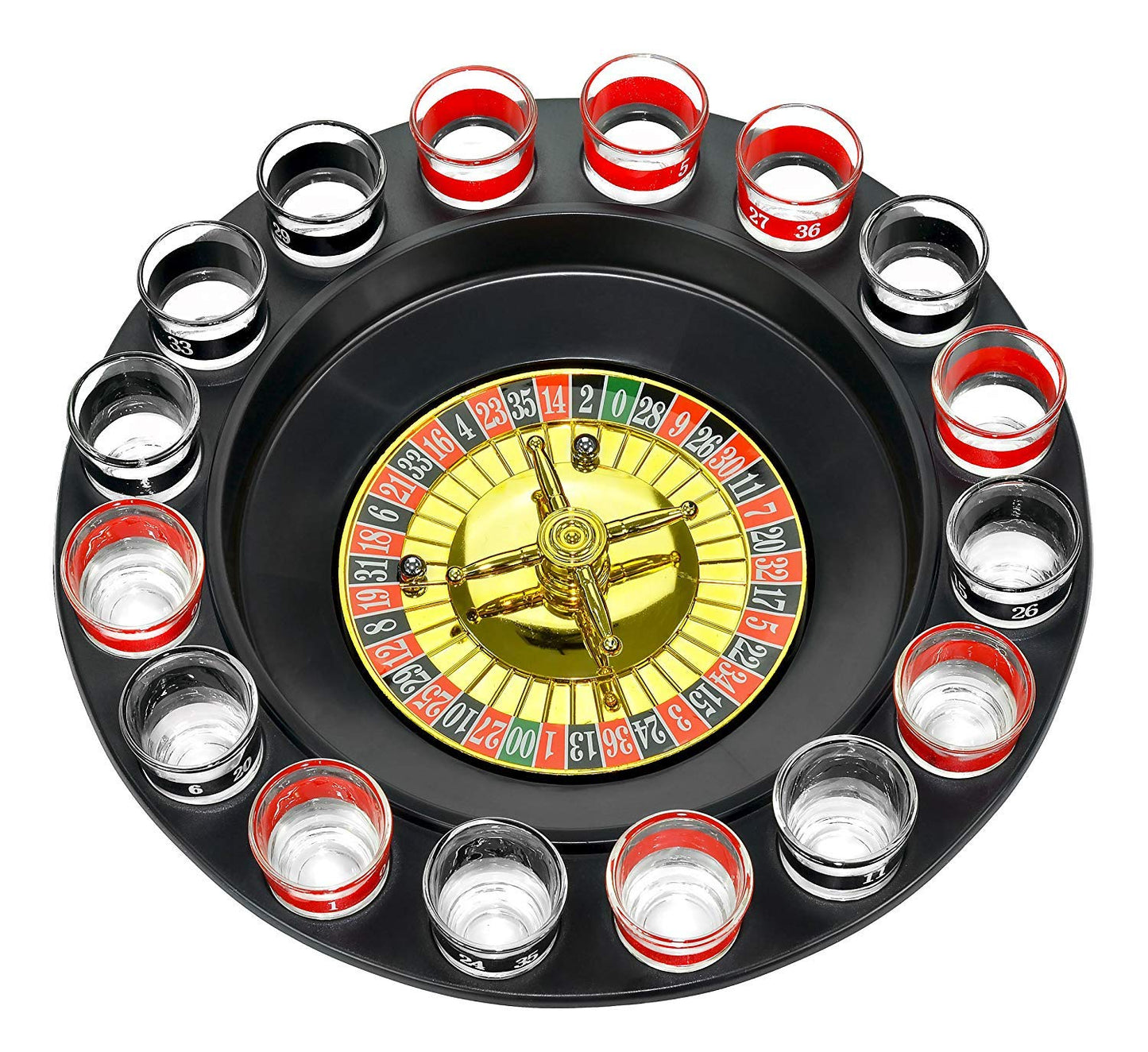 Shot Glass Roulette Drinking Game Set with Spinning Wheel, 2 Balls and 16 Shot Glasses - Casino Adult Party Games