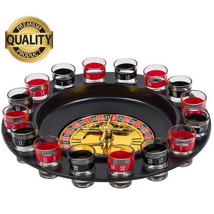 Shot Glass Roulette Drinking Game Set with Spinning Wheel, 2 Balls and 16 Shot Glasses - Casino Adult Party Games