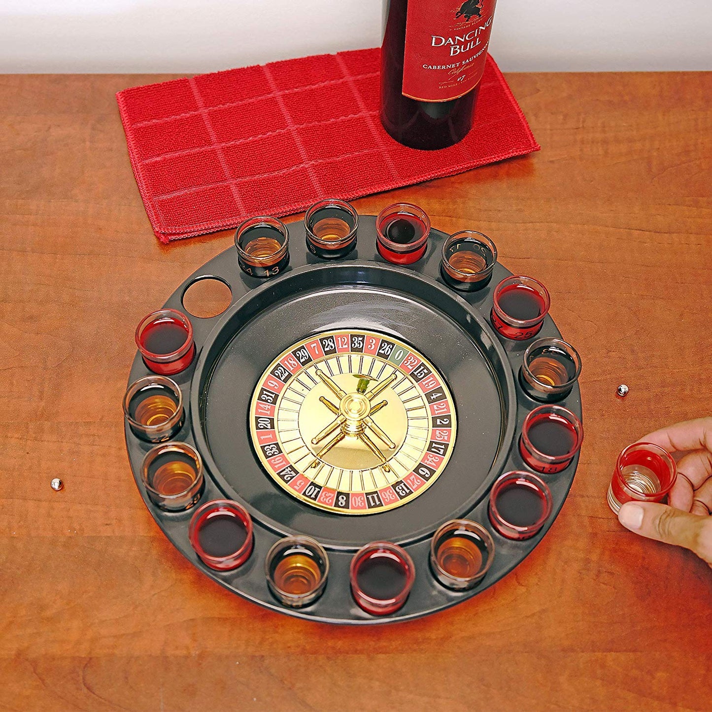 Shot Glass Roulette Drinking Game Set with Spinning Wheel, 2 Balls and 16 Shot Glasses - Casino Adult Party Games