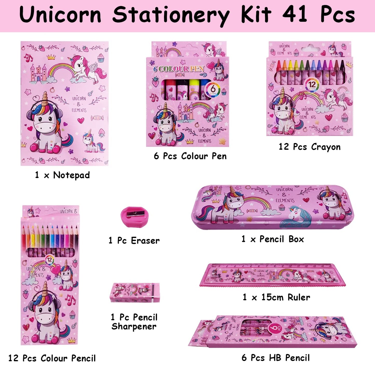 Stationary Kit for Girls, 41Pcs Stationary Items for Girls Pencil Box, Colors, Eraser and Sharpener (Pink)