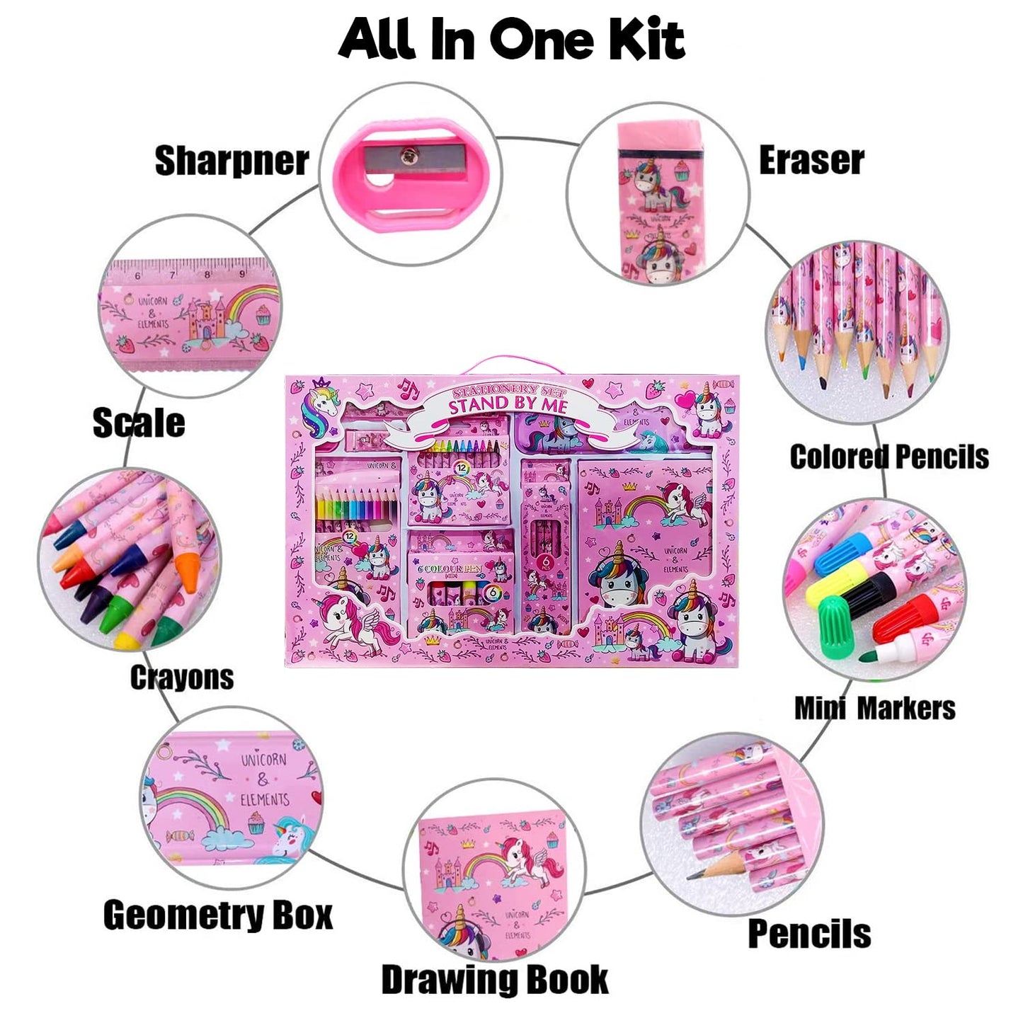 Stationary Kit for Girls, 41Pcs Stationary Items for Girls Pencil Box, Colors, Eraser and Sharpener (Pink)